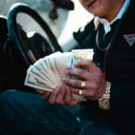 A driver sitting on a truck’s driver’s seat and holding 100 US dollar banknotes in his hand