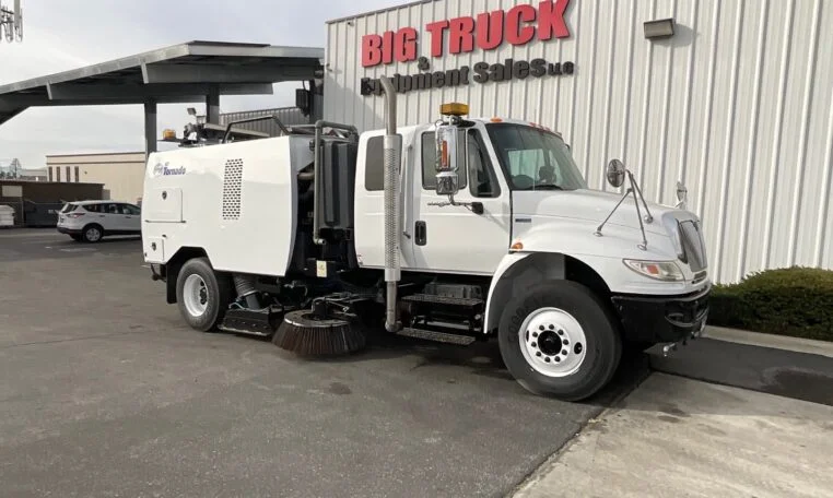 2014 International 4300 Schwarze A7 Tornado vacuum street sweeper  -  essential functional checks include vacuum system, engine, and hydraulic integrity.