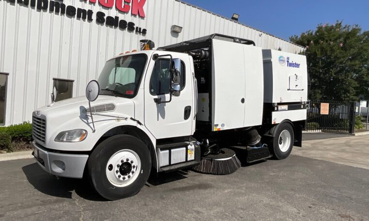 2017 Freightliner M2 Schwarze A8 Twister vacuum sweeper with raised dump body.
